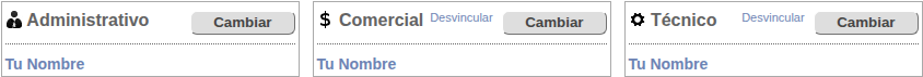 Las tres tarjetas de contacto (Administrativo, Comercial, Técnico) antes de invitar a nadie, cada una con su botón Cambiar