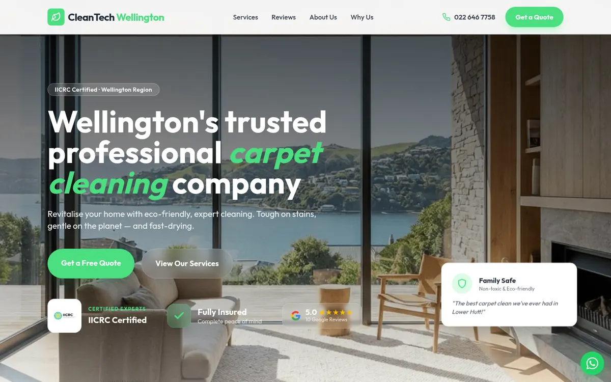 Página de inicio de CleanTech Wellington, sitio hecho por RayoWeb