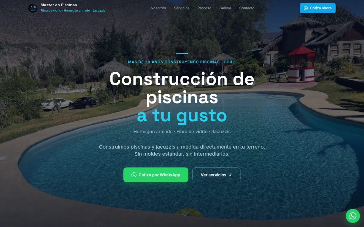 Página de inicio de Master en Piscinas, sitio hecho por RayoWeb