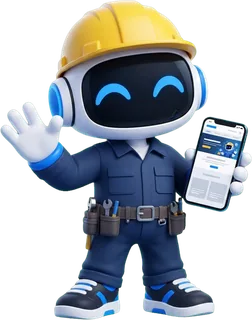 Robot de RayoWeb vestido de maestro, con casco y cinturón de herramientas
